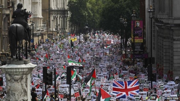 Gaza supporters march through Whitehall - and are photographed for the BBC