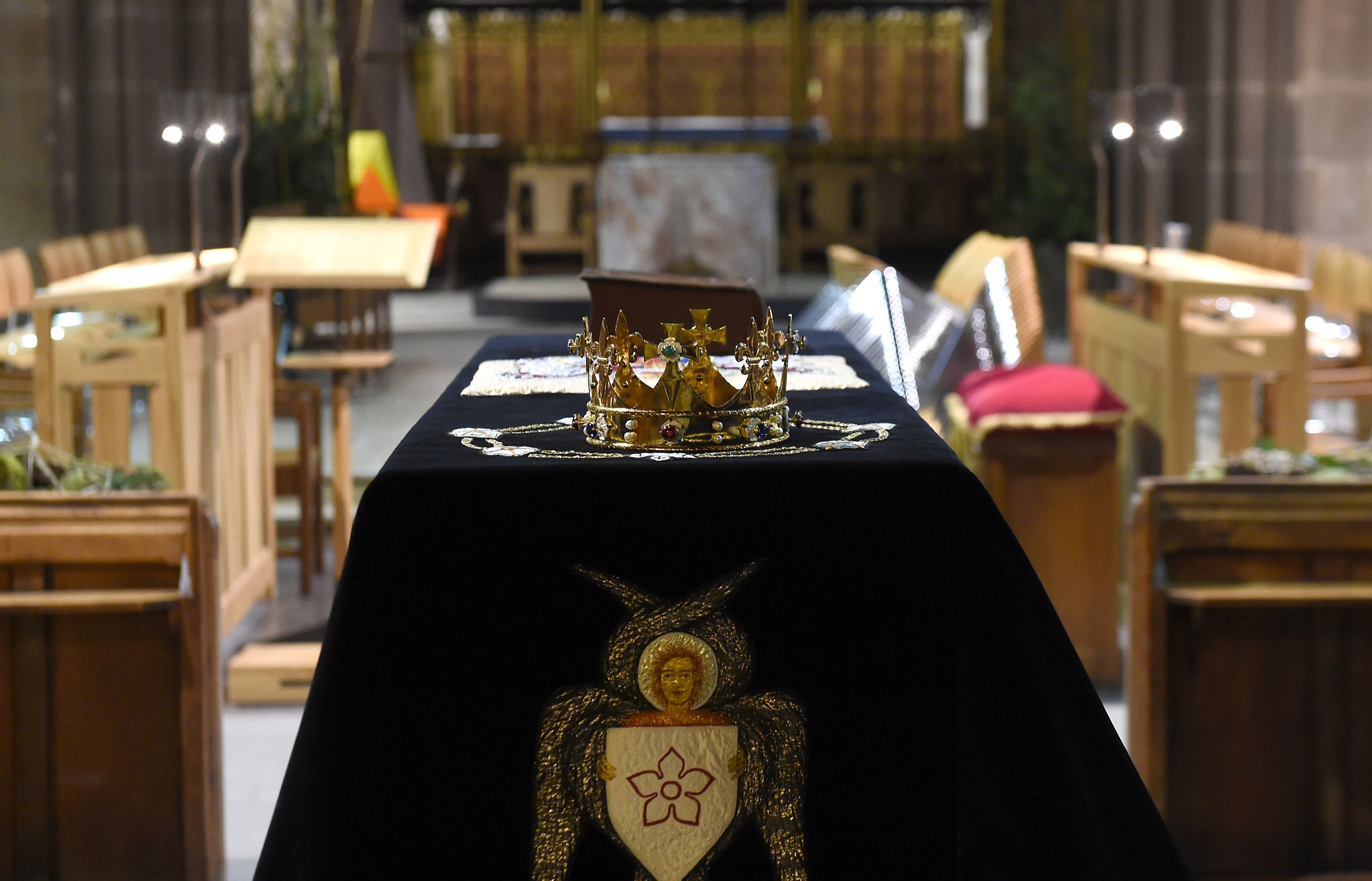 King Richard's coffin lies in Leicester Cathedral, on Sunday evening. Credit: PA